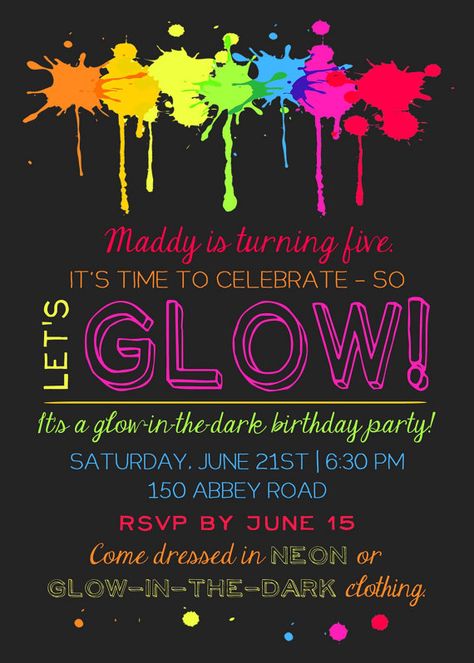 Glow in the Dark Party Invitation | Pretty My Party Neon Party Invitations, Glow In Dark Party, Neon Birthday Party, Glow In The Dark Party, Glow Birthday Party, Neon Birthday, Glow Birthday, Blacklight Party, Dark Party