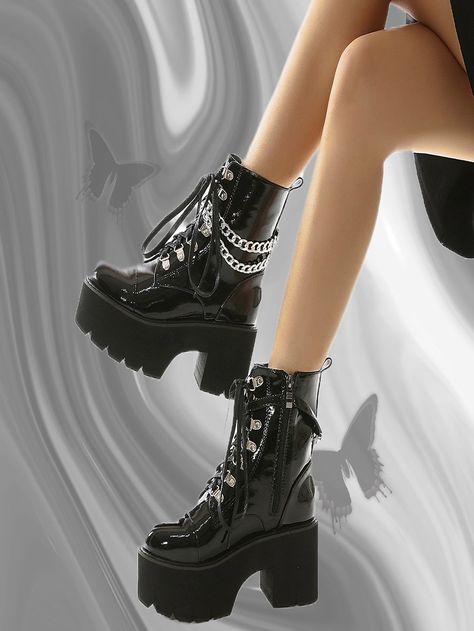 Black Punk Collar   Plain Combat Boots Embellished   Women Shoes Combat Heels, Black Boots Aesthetic, Runway Fashion Looks, Looks Hippie, Heel Combat Boots, Heeled Combat Boots, Goth Shoes, Black Punks, Cute Shoes Heels