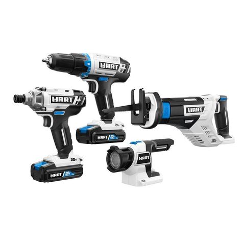 The entire combo kit is powered by the same HART 20V Lithium-Ion Battery, which is interchangeable with all HART 20V System products. Includes: (1) 20V 1/2" Drill/Driver, (1) 20V Impact Driver, (1) 20V Reciprocating Saw, (1) 20V LED Light, (2) 20V 1.5Ah Lithium-Ion Batteries, (1) 20V Fast Charger, and (1) Operator's Manual Power Tools Design, Driver Accessories, Power Tool Set, Cordless Power Tools, Reciprocating Saw, Impact Driver, Drill Driver, Combo Kit, Led Work Light