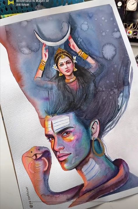 Shiv Ji Water Colour Painting, Watercolor God Painting, Nature Drawing Ideas Creative Beautiful, God And Goddess Drawing, Shiva Watercolor, Shivji Painting, Shiv Drawing, Mahadev Sketch, Mahadev Painting