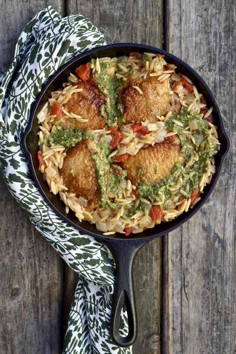 Skillet Chicken With Orzo And Pesto | Simmer + Sauce Chicken With Orzo, Pesto Dishes, Basil Pesto Chicken, Orzo Soup, Chicken Orzo Soup, Canning Diced Tomatoes, One Pot Dinners, Organic Chicken, Sheet Pan Dinners