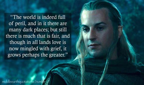 "The world is indeed full of peril, and in it there are many dark places; but still there is much that is fair, and though in all lands love is now mingled with grief, it grows perhaps the greater." -Haldir Haldir Of Lorien, Earth Quotes, Concerning Hobbits, The Fellowship Of The Ring, Tolkien Elves, Quotes Photo, Fellowship Of The Ring, The Shire, The Lord Of The Rings