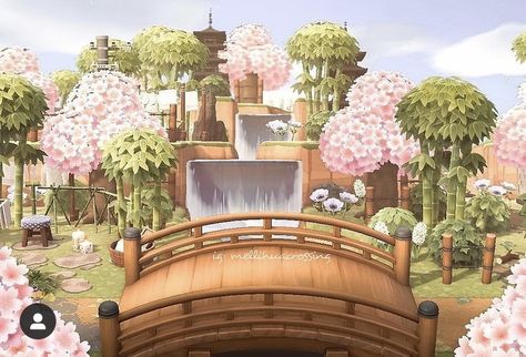 Acnh Zen Garden Idea, Acnh Zen Garden, Japanese Bridge, Animal Crossing 3ds, Ac New Leaf, Animal Crossing Funny, Animal Crossing Guide, Island Theme, Bamboo Garden