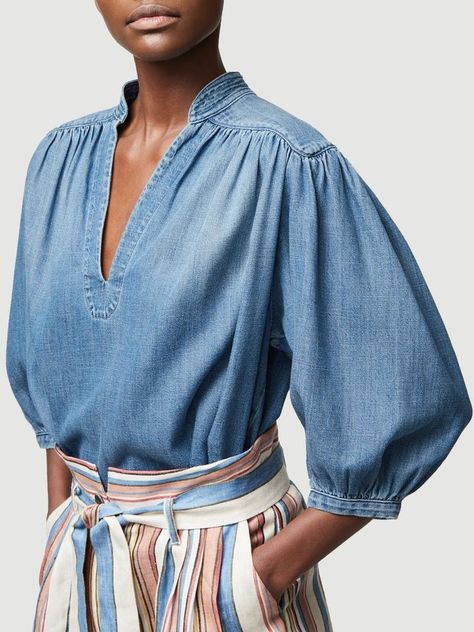 Denim Top Women, Denim Blouse, Denim Outfit, White Denim, Denim Top, Fashion Details, Chambray, Shirt Blouses, Blouses For Women