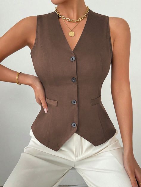 Women's Summer Solid Color Single-Breasted Casual Short Vest Brown Casual  Sleeveless Woven Fabric Plain vest Slight Stretch  Women Clothing, size features are:Bust: ,Length: ,Sleeve Length: Women Vest Outfits Business, Short Blazer Outfits For Women, Women Vest Outfits, Short Blazer Outfits, Plain Vest, Women Vest, Sleeveless Blazer, Lightweight Blazer, Short Vest