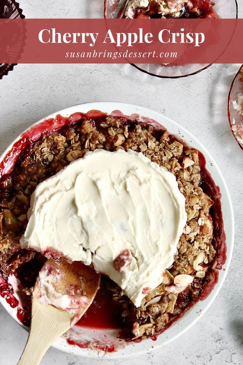 overhead image of a freshly baked cherry apple crisp with a wooden spatula for serving Breakfast Crisp, Cherry Breakfast, Cozy Food, Oatmeal Toppings, Apple Crumble Recipe, Apple Cream, Apple Crisp Recipe, Cherry Apple, Cozy Breakfast