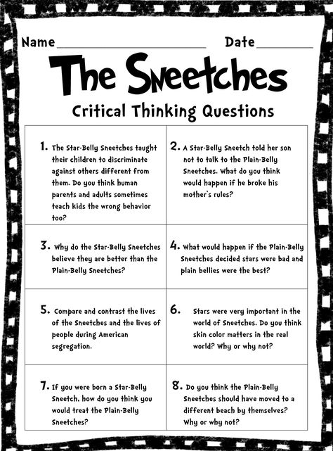 FREE - Short & Extended Response Activities for "The Sneetches" by Dr. Seuss. Critical Thinking Worksheets, The Sneetches, Creative Thinking Activities, Dr Seuss Activities, Seuss Classroom, Dr Seuss Week, Dr Seuss Day, Counseling Lessons, Guidance Lessons