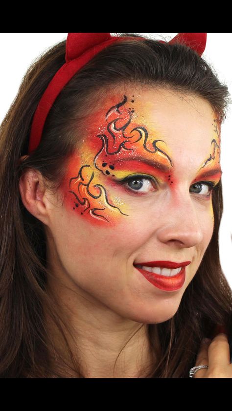 Fire Face Painting, Fire Makeup Halloween, Fire Face Paint, Tiger Makeup, Diy Face Paint, Flame Body, Fire Makeup, Fire Princess, Face Painting For Boys