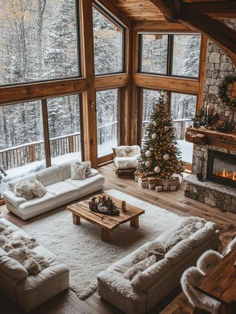 Cabin Aesthetic Interiors, Luxury Winter Cabin, Log Cabin Houses, Log Cabin Homes Interior, Log Cabin Rooms, Christmas Log Cabin, Log Cabin Living Room, Log Cottage, Log Cabin Interior Design