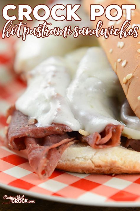 Crock Pot Hot Pastrami Sandwiches are great for a deliciously savory meal or to share at a potluck or serve while tailgating. Pastrami Sandwich Recipe, Crock Pot Sandwiches, Awesome Sandwiches, Pastrami Recipe, Crockpot Foods, Glo Girl, Old Cookbooks, Pastrami Sandwich, Crock Pots