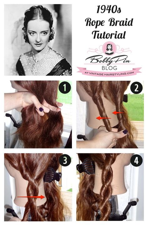 Rope Hair Braid, Easy Rope Braid, Rope Braid Tutorials, Vintage Hair And Makeup, Learning Makeup, Easy Vintage Hairstyles, Rope Braided Hairstyle, Black Hair Types, Vintage Hairstyles Tutorial