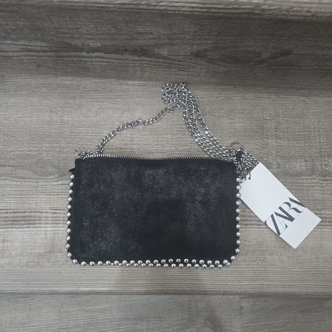 Zara Black Evening Bag With Silver Accents And Silver Chain Strap