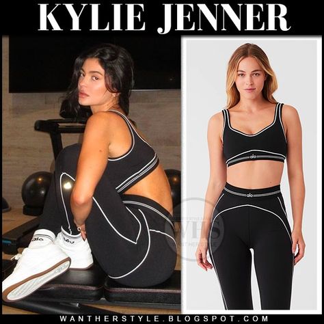 Kylie Jenner in black sports bra and leggings Alo Yoga Heart Throb Kylie Workout Outfits, Kylie Jenner Workout Outfits Gym, Kylie Jenner Alo Yoga, Kylie Jenner In Black, Kylie Jenner Leggings, Kylie Jenner Sport Outfits, Kylie In Sweatpants, Alo Yoga Outfit, Yoga Outfit