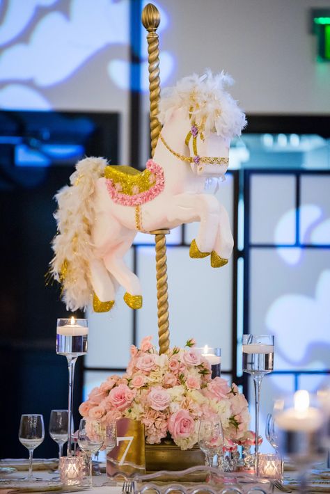 Horse Centerpieces, White Floral Bouquets, Disney Wedding Shoes, Pink Carousel, Carousel Baby, Hello Kitty Theme Party, Carousel Birthday Parties, Family Style Table, Lucite Chairs