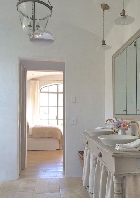 custom made medicine/toiletries cabinet above vanity.  in comments, she explains how it was done.  Velvet and Linen: Patina Farm Master Bathroom Pale Bathroom, Skirted Sink, Vanity Skirt, Skirted Vanity, Table Curtain, Classic White Bathrooms, Sink Bowls, Country Bathroom Designs, Sink Skirt