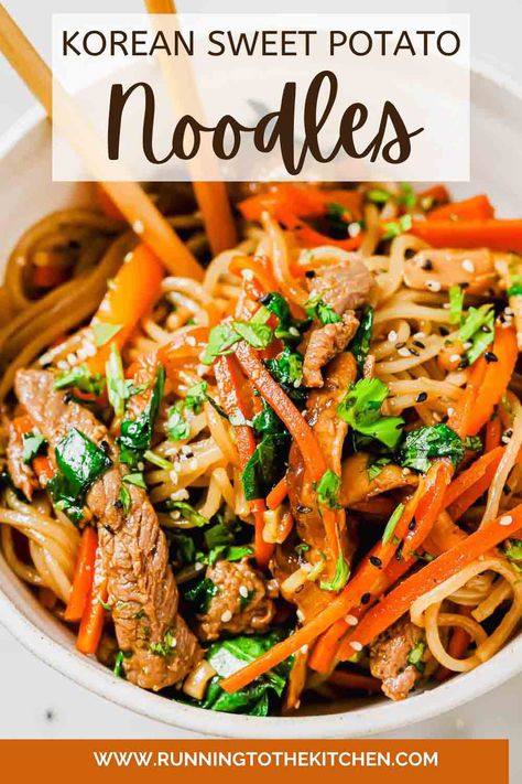 Discover the magic of sweet potato glass noodles! This 15-minute Korean dish, known as Japchae, is a delightful mix of al dente sweet potato noodles, vibrant stir-fried vegetables, and succulent beef strips soaked in a homemade sweet and savory marinade. Perfect for a quick dinner or a nutritious meal prep option, it's naturally gluten-free and adaptable to suit your taste preferences. Whether served hot or cold, this dish promises a burst of flavor with every bite. Sweet Potato Glass Noodles Recipe, Sweet Potato Glass Noodles, Potato Glass Noodles, Sweet Potato Noodles Recipe, Japchae Noodles, Korean Sweet Potato Noodles, Glass Noodles Recipe, Korean Sweet Potato, Potato Noodles