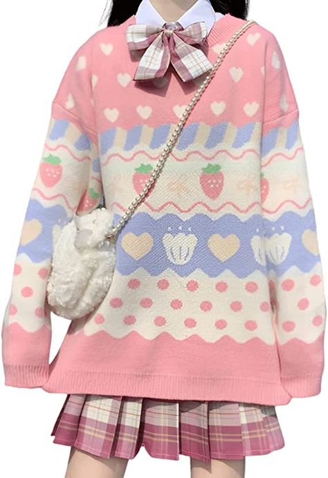 Pastel Goth Harajuku Fashion Soft Crewneck Color Blocking Kawaii Kintted Pink Cartoon Strawberry Print Sweater at Amazon Women’s Clothing store Skateboard Gif, Drink Fridge, Archery Girl, Pink Filter, Kawaii Sweater, Estilo Harajuku, Instax Camera, Pink Clothing, Dr Closet