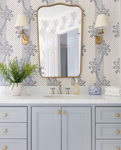 Katie Davis Design, Katie Davis, Grey And White Wallpaper, Modern Luxury Interior, Luxe Interiors, Blue Bathroom, Bathroom Wallpaper, Bathroom Renos, Beautiful Bathrooms