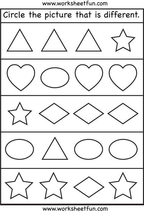 Circle the picture that is different - 3 Worksheets Matematik Prasekolah, Aktiviti Prasekolah, Kertas Kerja Prasekolah, Pre K Worksheets, Shapes Worksheet Kindergarten, Free Preschool Worksheets, Shapes Preschool, Printable Preschool Worksheets, Shapes Worksheets