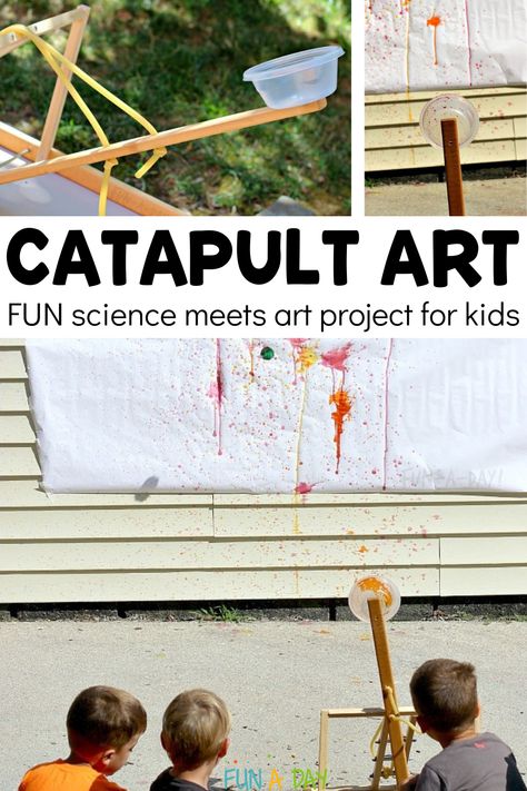 Yes, you can use a catapult to explore process art with the kids! Catapult painting is a fun outdoor art project for kids of all ages. Click on the Fun-A-Day.com for more information about catapult art. Catapult Painting, Kids Catapult, Catapult For Kids, Diy Catapult, Kids Stem Activities, Unique Art Projects, Lesson Plan Ideas, Toddler Sensory Bins, Art Project For Kids