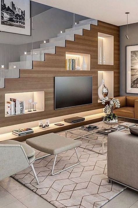 [PaidLink] 28 Dreamy Living Room Design Tricks This Winter To Copy #proyectolaigualdad Tv Unit Under Stairs Living Rooms, Living Room Under Stairs, Home Staircase, Room Under Stairs, تحت الدرج, درج السلم, Staircase Designs, Stairs In Living Room, Stairs Design Interior