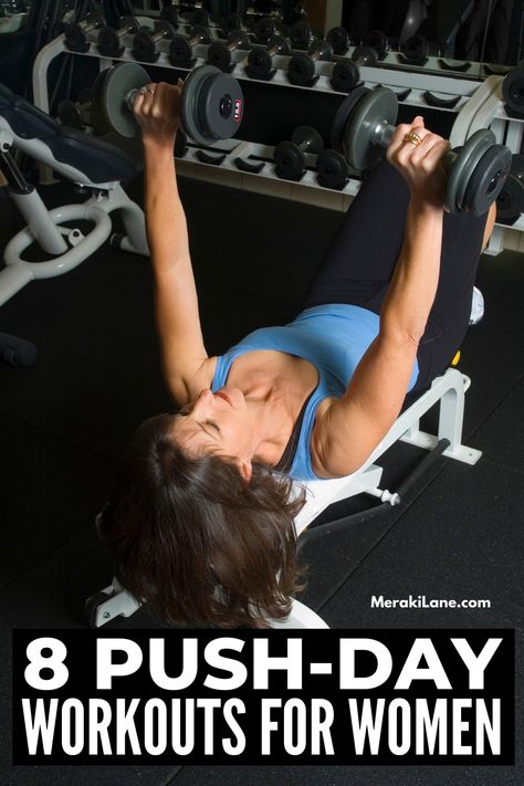 8 Push Day Workouts | Ready to tone, strengthen, and sculpt your chest, shoulders, and triceps? Whether you're working out at a gym with dumbbells and resistance bands, or you need no equipment options for at home workouts, we've got you covered. If you prefer basic cardio, HIIT, strength training, workouts with no pushups, or a combo of everything, there is a push day exercise routine in here for you! Perfect for beginners and beyond, add these to your full body workout routine! Pull Strength Workout, Push Day Workout Dumbbells At Home, Push Day Workout Women Beginner, Full Body Push Workout, Beginner Push Day Workout, Push Exercises For Women, Push Day Workout Dumbbells, Push Workout Women, Push Workout Exercises