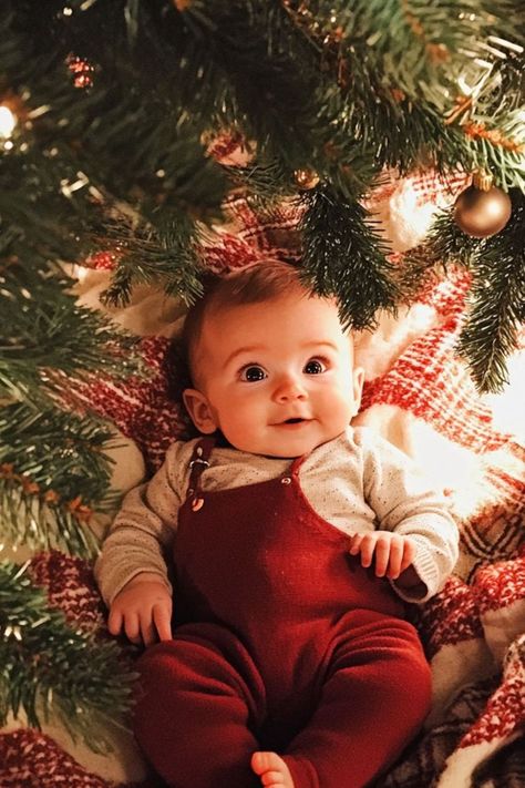 Babys first christmas photo ideas with a baby in a Christmas present box in front of the tree Christmas Card With Baby, First Christmas Photo Ideas, Cozy Setup, Christmas Photo Ideas, Christmas Baby Pictures, Christmas Family Photoshoot, Foto Newborn, Christmas Card Pictures, Baby Christmas Photos