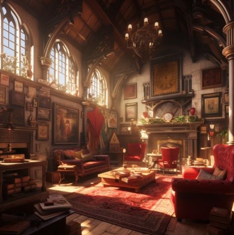 Gryffindor Common Room Art, Harry Potter Gryffindor Room, Gryffindor Common Room Aesthetic, Hogwarts Layout, Common Room Aesthetic, Gryffindor Bedroom, Harry Potter Common Room, Gryffindor Room, Gryffindor Dorm