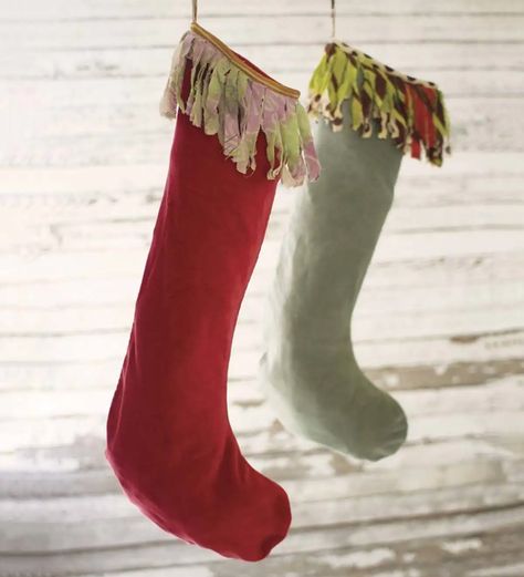 The velvety softness of these Christmas stockings evokes a luxurious and textural sophisticated decor statement. The extra large Velvet Stockings with Kantha Fringe makes it a classic choice for the mantel. Stocking is trimmed with a fringe kantha cuff and a loop for hanging. The perfect, one-of-a-kind, holiday accessory. V4971,Velvet Stockings with Kantha Fringe Set of 2,christmas stockings,holiday stockings,kantha,kantha decorations,kantha s American Quilts Patterns, Christmas Stocking Ideas, Rustic Meets Modern, Winter Berry, Sophisticated Decor, Bamboo Furniture, Wall Decor Rustic, Fireplace Screen, Holiday Set