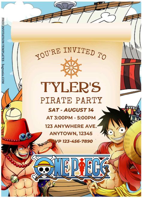 Nice (Free Editable PDF) Luffy & Nakama One Piece Birthday Invitation Templates #free #freeinvitation2019 #birthday #disney #invitations #invitationtemplates One Piece Birthday Invitation, One Piece Birthday, Game Of Thrones Birthday, One Piece Birthdays, Editable Birthday Cards, One Piece Theme, Custom Birthday Invitations, Childhood Dream, Free Printable Birthday Invitations