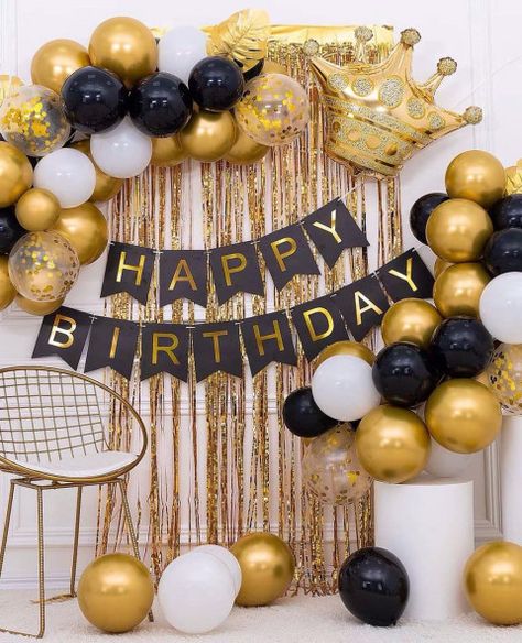 Happy Birthday Photo Editor, Gold Birthday Party Decorations, Surprise Birthday Decorations, Birthday Decorations At Home, Birthday Decorations For Men, Happy Birthday Decor, Simple Birthday Decorations, Gold Confetti Balloons, Woman Birthday Party