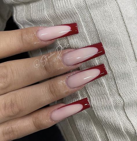 Red Nails With White French Tip, Red Pearl Nails, Nails Rouge, Burgundy French Tip, Hoco Nails, Nagel Design, Dark Red Nails, Nail Decor, White French Tip