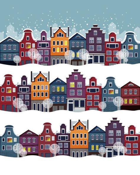 Winter House Illustration, Winter Building, How To Draw Snow, Grey Gradient Background, Winter Houses, Cute Houses, Lights Painting, Painting The Sky, Vector House