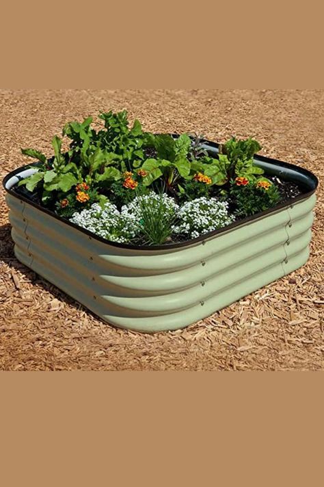 Raised garden bed in sage green Galvanized Trough, Making Raised Beds, Square Bed, Sage Garden, Vegetable Planters, Metal Raised Garden Beds, Gardening Gear, Trough Planters, Steel Planters