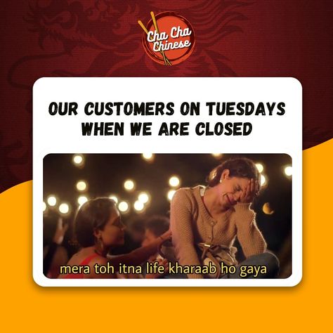 It really pains us to do so, but to keep you well fed and satisfied for the whole week, we need to be closed in Tuesdays, and we understand your frustration!🙃❤️

Call us directly or find us on Swiggy and Zomato to place your orders now!📞⌛

For more exciting updates, turn on your notifications!✨✨

#chachachinese #noida #delhi #food #foodie #homedelivery #takeaway #ordernow #chinesefooddelivery #asianfood #madeinindia #orderonline #swiggy #zomato #noodles #foodgasm #goodfoodgoodmood #sundayfunda Meme Food Creative Ads, Food Ads Creative Marketing, Restaurant Social Media Ideas, Advertising Ideas Marketing, Funny Food Jokes, Copywriting Ads, Healthy Restaurant Food, Christmas Advertising, Food Quiz