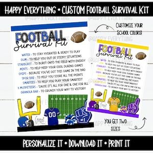 The Football survival kit printable is a customizable school color digital download! After purchase, I will design for your school colors Football Survival Kit Ideas, Survival Kit Ideas, Kit Ideas, Happy Everything, Custom Football, Ready To Play, School Colors, Survival Kit, Digital Download Etsy