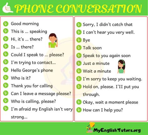 Phone Conversation: Useful English Phrases on the Phone! - My English Tutors Telephonic Conversation In English, Phone Conversation Topics, Telephone Conversation English, Conversation In English, English Conversation For Kids, Start Conversation, Phone Conversation, English Conversation Learning, Materi Bahasa Inggris