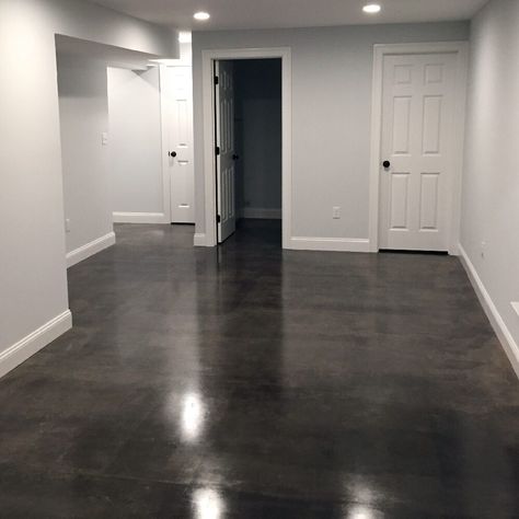 Dark Stained Concrete Floors, Concrete Basement Floor Ideas, Stained Cement Floors, Concrete Floors Bedroom, Elegant Basement, Stained Cement, Basement Redesign, Finished Concrete Floors, Concrete Floors Living Room