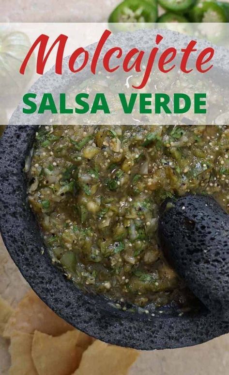 Authentic Salsa Verde, Mocajete Recipe Salsa, Molcajete Salsa Recipe, Salsa Molcajete, Molcajete Salsa, Spicy Salsa Verde, Green Salsa Recipe, Mexican Favorites, Mexican Salsa Recipes