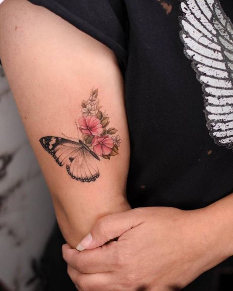 Butterfly Tattoos With Names, Butterfly Half Flowers, Flower Tattoo On Arm, Butterfly Half Flower Tattoo, Half Butterfly Half Flower Tattoo, Half Flower Tattoo, Dedication Tattoos, Hydrangea Tattoo, Butterfly Name Tattoo