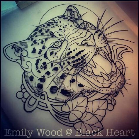 Emily Wood. Blackheart. Leopard Head Tattoo Leopard Head Tattoo Design, Leopard Neotraditional Tattoo, Leopard Head Tattoo, Leopard Face Tattoo, Leopard Tattoo, Wizard Tattoo, Love Symbol Tattoos, Tato Tradisional, Jaguar Tattoo