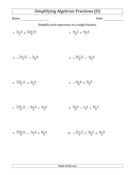 The Simplifying Simple Algebraic Fractions (Harder) (D) Math Worksheet Simple Algebra Worksheets, Algebraic Fractions, Basic Algebra Worksheets, Easter Math Worksheets, Fact Family Worksheet, Thanksgiving Math Worksheets, Money Math Worksheets, Pre Algebra Worksheets, Multiplication Facts Worksheets