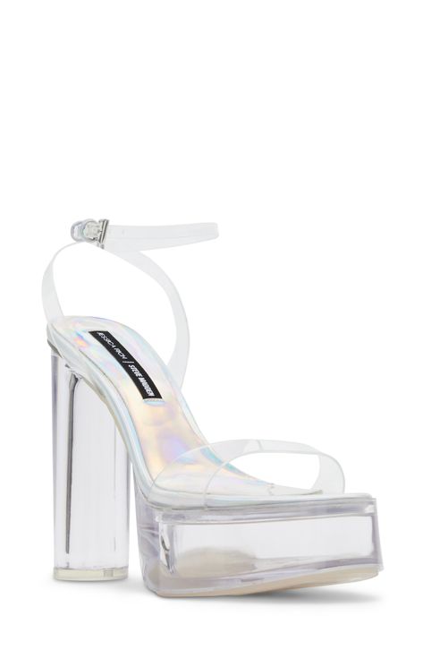 Translucent straps amplify the modern allure of a lofty sandal set on a see-through platform and towering block heel. 5 1/4" heel; 1 3/4" platform (size 8.5) Adjustable ankle strap with buckle closure Synthetic upper, lining and sole Imported Black Owned/Founded Platform Heels Wedding, Trendy Boots, Tom Ford Sunglasses, Wedding Heels, Platform High Heels, Sweaters And Leggings, Comfortable Sandals, Dress Sandals