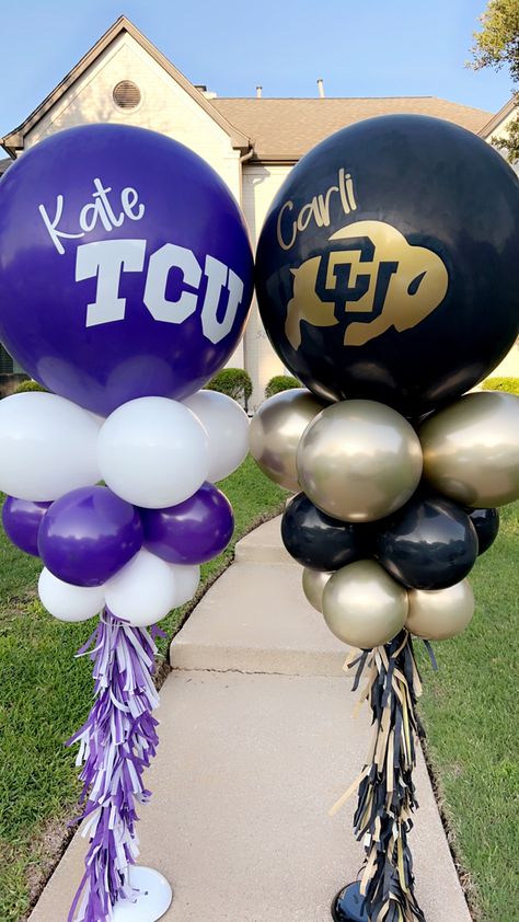 University Of Arkansas Graduation Party, Tcu Graduation Party, College Balloons, Twins Graduation, Party Captions, National Signing Day, Anderson University, Trunk Party, Balloon Tower