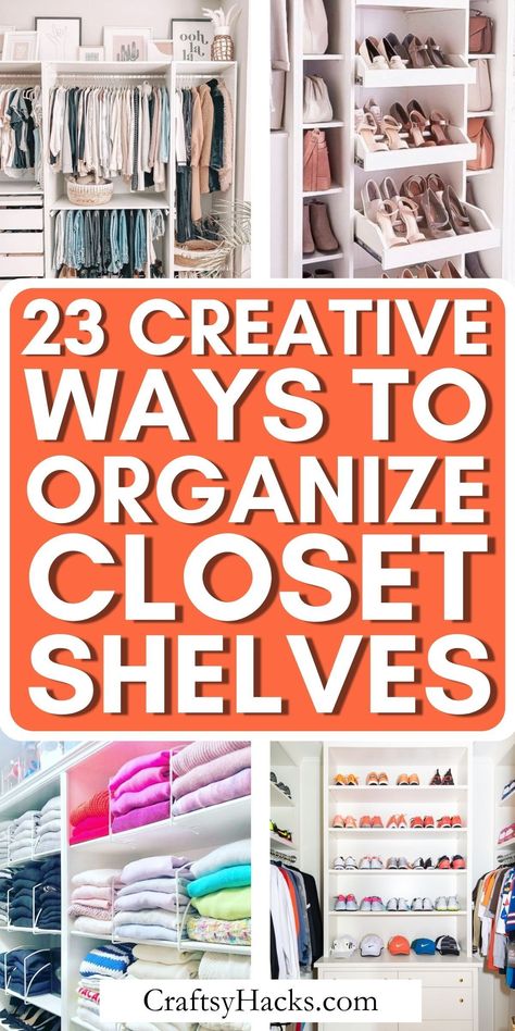 Elevate your closet makeover with these smart shelving ideas designed to maximize space and efficiency. From customizable units to built-in organizers, discover innovative closet storage ideas that will transform clutter into curated elegance, offering organization tips that simplify your daily routine. How To Style Closet Shelves, Bookshelf In Closet Storage, Deep Closet Organization Ideas Storage, Master Closet Shelf Organization, Arrange Clothes In Closet Ideas, More Closet Space, Closet With Shelves Organization, Long Narrow Closet Organization, Organizing Closet Shelves