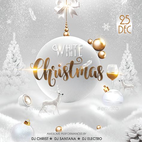 White Christmas Design Graphic, White Christmas Party Invitations, White Christmas Invitation, White Christmas Poster, Christmas Post Design, Christmas White And Gold, Merry Christmas Post, Xmas Poster, White Gold Christmas