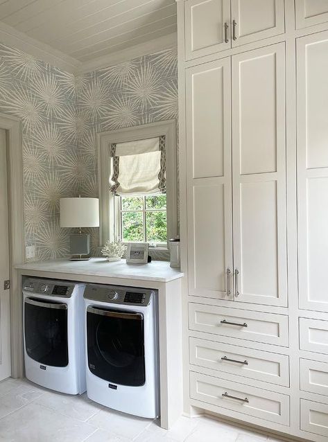 Laundry Room In Master Closet, Front Loading Washer And Dryer, Gray Lamp, Transitional Laundry Room, Grey Laundry Rooms, Laundry Room Ideas Small Space, Light Gray Cabinets, Pool House Designs, Dream Laundry Room