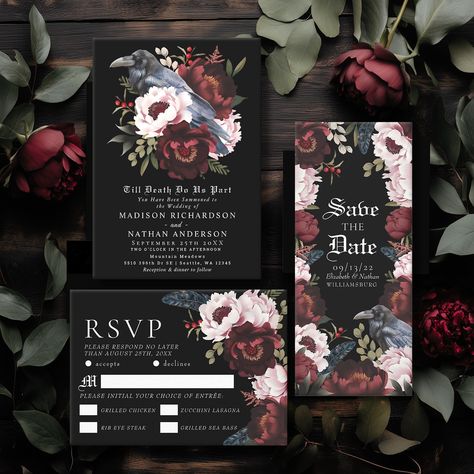 Romantic Gothic Watercolor Raven Floral Wedding Suite This goth floral raven wedding design features a simple, moody watercolor illustration of a raven perched on a bouquet. Perfect for a timeless romantic goth wedding or other special occasion. It is beautifully suited to a spooky Halloween event in the fall or a unique winter event in a casual or formal setting. For more invitations and gifts our Zazzle shop #linkinbio #Zazzlemade #weddingstationery #weddinginvitation #weddingplanner #w... Simple Goth Wedding, Goth Wedding Ideas, Romantic Goth Wedding, Raven Wedding, Gothic Watercolor, Moody Watercolor, Raven Perched, Spooky Wedding, Goth Floral