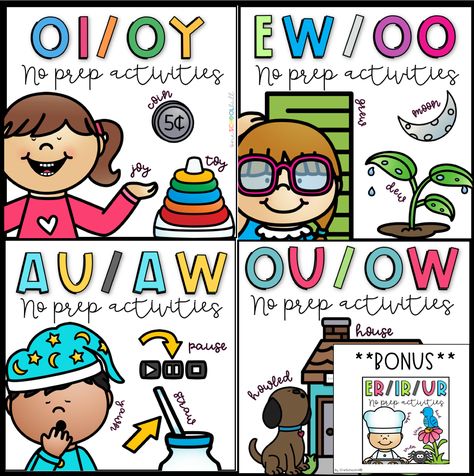 *Dipthong BUNDLE + BONUS R-Controlled vowel: er/ir/ur product*   Help your students master the diphthongs au/aw, oi/oy, ou/ow, ew/oo with these fun no prep printables! R Controlled Vowels Activities, Er Ir Ur, Oi Oy, Reading Foundational Skills, Teach Phonics, Upper Elementary Reading, Emergent Literacy, Vowel Activities, Vowel Teams