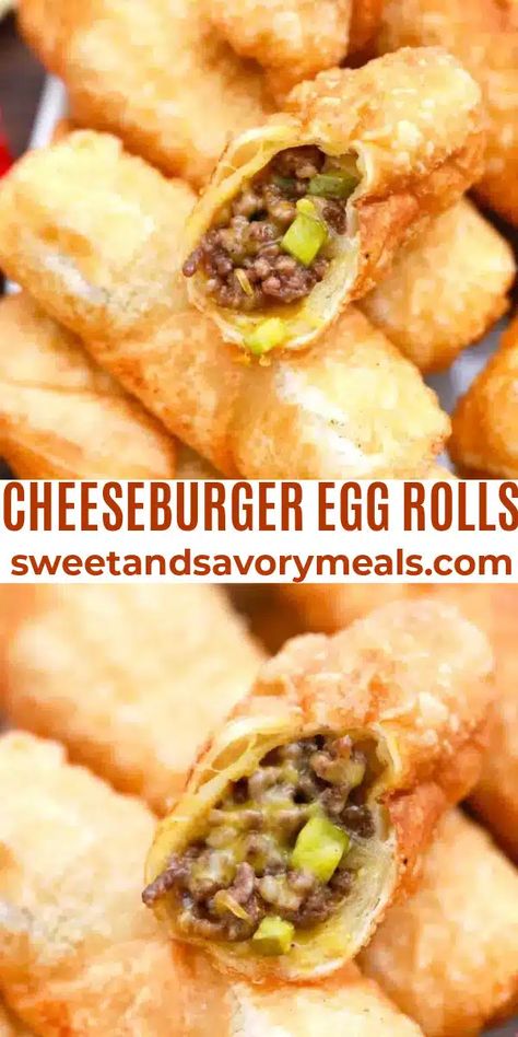 Cheeseburger Egg Rolls Recipe - Sweet and Savory Meals Baked Cheeseburger Eggrolls, Savory Egg Rolls, Keto Cheeseburger Egg Rolls, Cheese Burger Egg Rolls, Dessert Egg Roll Recipes, Recipes Using Egg Roll Wrappers, Cheeseburger Egg Rolls Recipe, Hamburger With Egg, Dorm Recipes